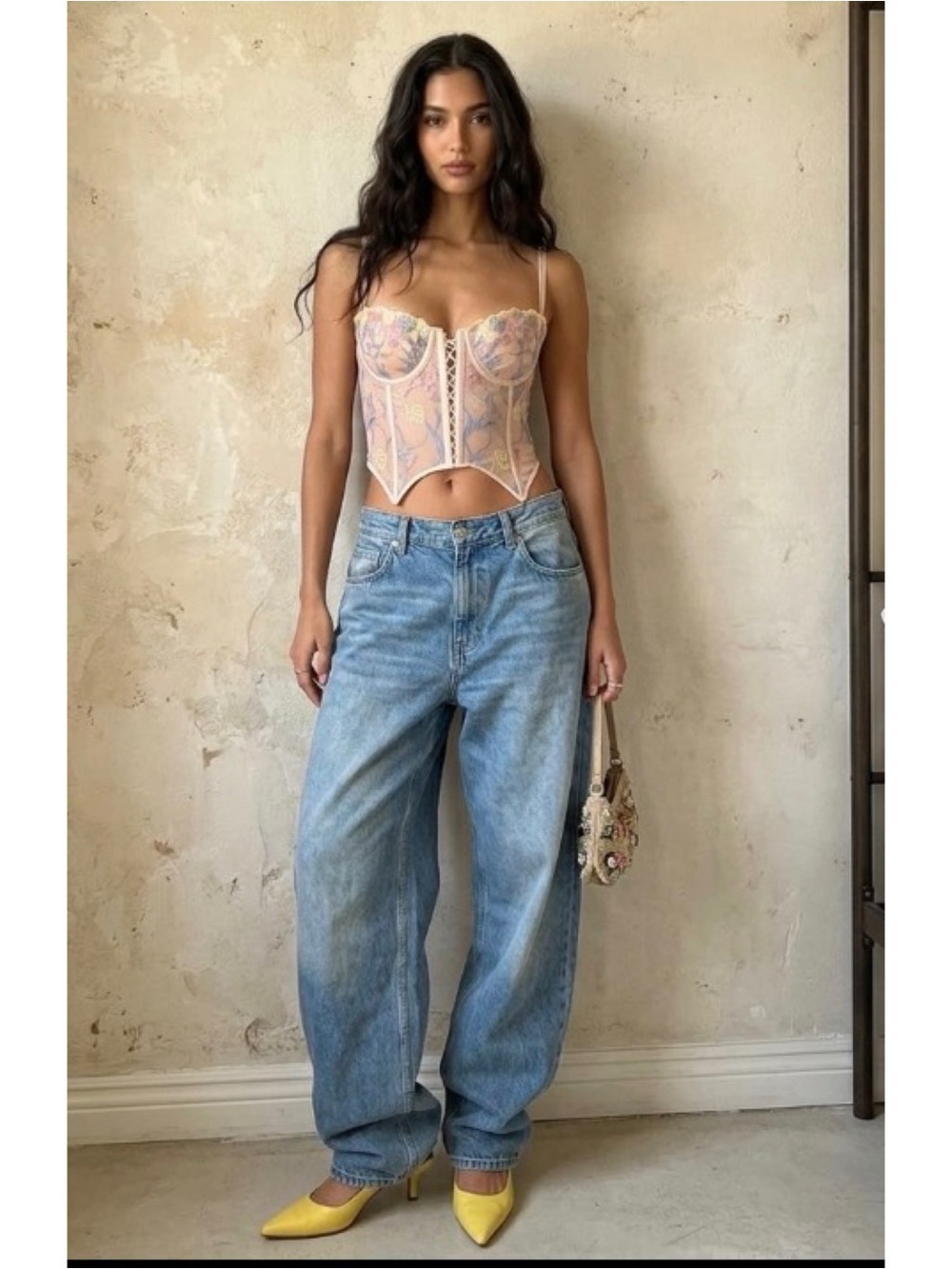 Out From Under Flora Embroidered Bustier Corset Coquette Top in Peach Floral L